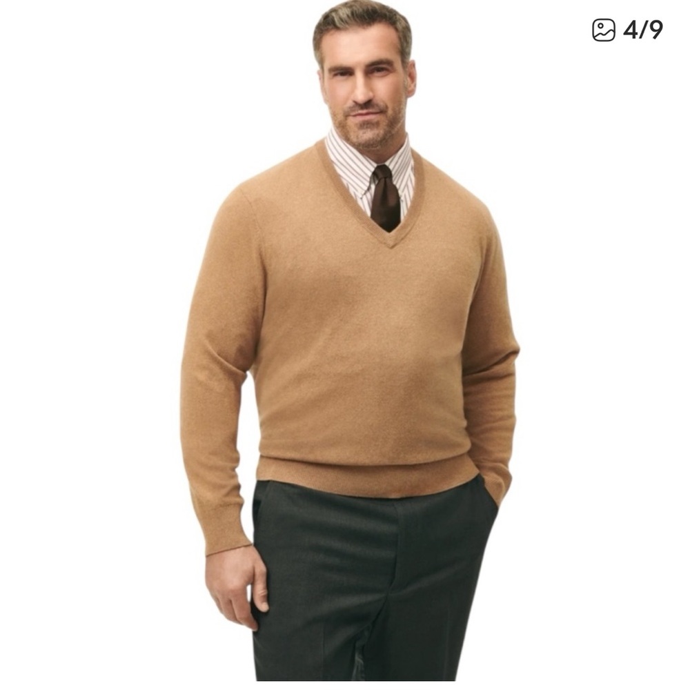 NWOT Brooks Brothers 3-Ply Scottish Cashmere V-Neck Caramel Tan Luxury Sweater,L